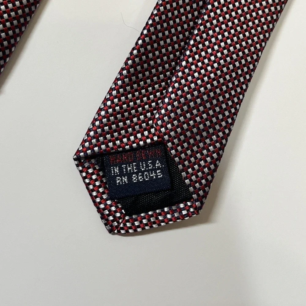 Bellinzona Necktie Mens OS Burgundy Red Navy Blue Geometric Micro Check Silk USA